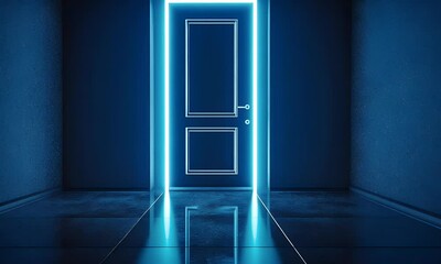 Poster - Abstract blue background with doors and lights, dark room with neon light in the style of 3D rendering, high resolution.