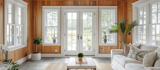 Interior of sunroom with wooden walls, white French doors, grey wood paneling, cream window frames, plants, coffee table near entrance, front door view.