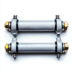 Hydraulic cylinder with exposed pistons and seals, isolated on white, ideal for mechanical breakdown diagrams