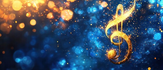 Wall Mural - A shimmering golden treble clef against a sparkling blue background, symbolizing music.