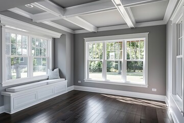 Interior sunroom, white windows, gray walls, dark wood floors, window seat, white beamed ceiling, home decor.