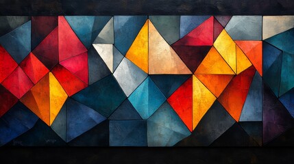 Fototapete - A vibrant display of geometric abstract art featuring various triangular and polygonal shapes in bold colors against a dark background, creating a striking visual impact.