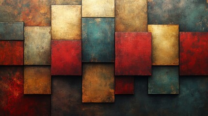 Poster - An arrangement of colorful rectangular panels in warm reds, golds, and blues forms an abstract piece that enhances interior spaces, adding depth and visual interest.
