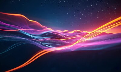 Poster - 3d render abstract colourful neon purple light background with glowing lines dynamic motion