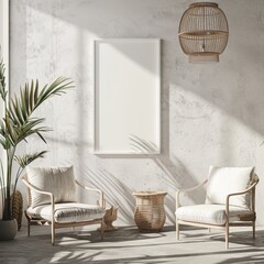 Minimalist interior design with two armchairs and a mockup frame on a white wall. Sunlight casts shadows from a palm tree.