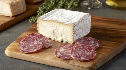 Poster - Creamy Cheese with Slices of Fatty Meat on Wooden Board