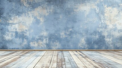 Poster - soft textured blue wall with wooden floor background