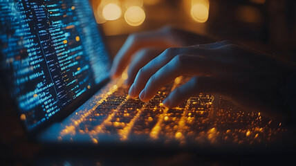  - A person is typing on a laptop with a keyboard that has a lot of glowing numbers. Concept of technology and productivity, as the person is likely working on a computer-related task