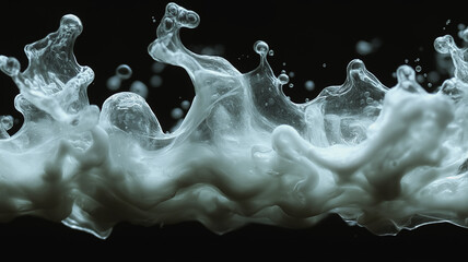 Poster - The image is of a white liquid that is splashing and creating a wave-like pattern. Scene is dynamic and energetic, as the liquid appears to be in motion and creating a sense of movement