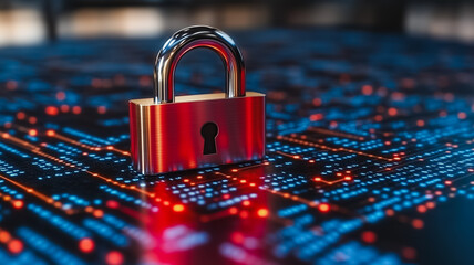  - A red lock is on a blue background with a lot of red and blue lines. The lock is surrounded by a lot of computer code