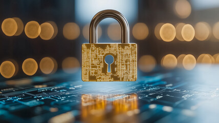  - A golden lock with a keyhole is suspended in the air above a computer keyboard. Concept of security and protection, as the lock symbolizes a barrier that keeps unwanted access out
