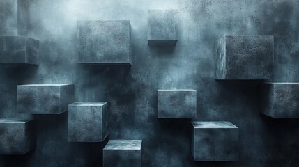Poster - A series of floating, perfectly aligned cubes in varying sizes are set against a textured wall, creating a minimalist atmosphere with shadows and light interplay.