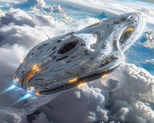 Wall Mural - futuristic spaceship soaring through clouds