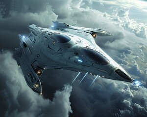 Wall Mural - futuristic spaceship soaring through clouds