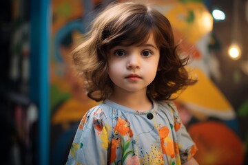 Portrait of a cute little girl with curly hair in a colorful dress.