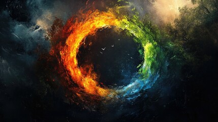 A circular representation of the four elements--earth, air, fire, and water--set against a dramatic dark backdrop, forming a stunning artistic design.