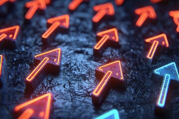 Fototapete - Neon arrow shapes glowing in a dark textured background, modern design element.