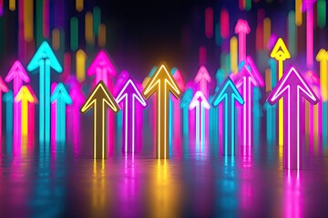 Poster - Colorful neon arrows pointing upwards on a reflective surface, vibrant and dynamic.
