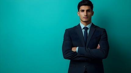 A full body portrait of a young adult Indian man dressed in a sleek modern business suit