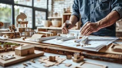 Poster - Architect Reviewing Blueprints with Stylish Designs