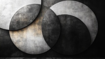 Poster - Large circular shapes in shades of gray and white merge seamlessly against a textured black backdrop, creating a dynamic visual that emphasizes contrast and form.