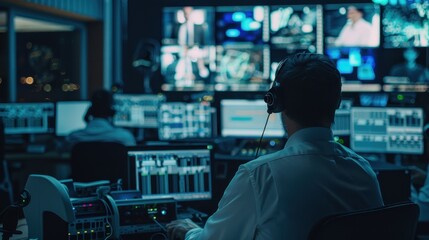 Poster - Technicians Monitoring Live Broadcast Feeds in Control Room