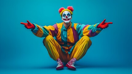 Portrait of a mischievous street performer dressed in a vibrant colorful circus costume striking a playful pose on a plain cobalt blue studio background