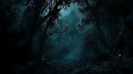 Wall Mural - Exploring the enigmatic depths of a mysterious dark forest illuminated by ethereal blue light a journey into the unknown