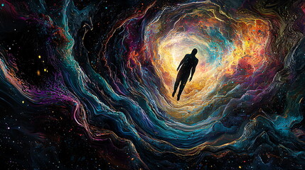 Poster - Exploring the boundless universe a surreal journey of a person floating through cosmic colors and light