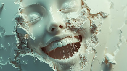 Poster - A radiant smile breaking through a textured surface an artistic expression of joy and emotion in 3d form