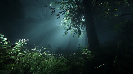 Poster - Enchanting sunlight beams penetrating a lush forest creating a mystical and serene atmosphere amidst nature's splendor