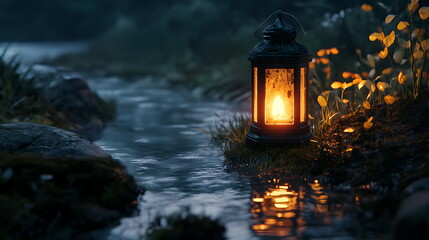 Poster - Vintage lantern illuminates tranquil stream at dusk creating a serene atmosphere in nature's embrace