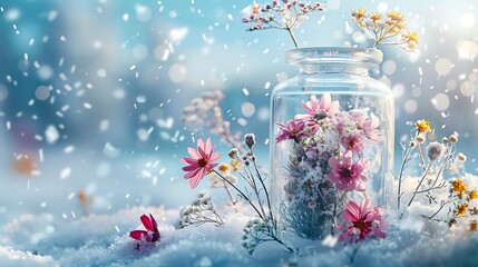 Wall Mural - Amazing scent jar with wildflowers and snowfall on a frosty landscape