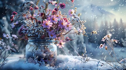 Wall Mural - Amazing scent jar with wildflowers and snowfall on a frosty landscape