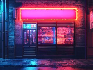 Wall Mural - A vibrant neon-lit storefront reflecting a moody, atmospheric night scene, featuring bright pink and blue hues on wet pavement.