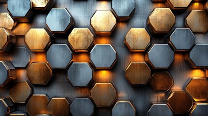 Leinwandbilder - A striking arrangement of hexagonal metallic panels showcases a mix of gold, silver, and dark tones, illuminated by warm light, creating a stunning visual effect.