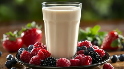 Poster - Glass of Milk with Fresh Berries on a Black Plate