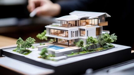 Poster - Intricate Architectural Workshop Crafting a Detailed House Replica with Natural Surroundings