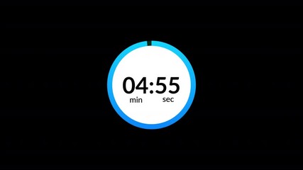 five minutes countdown timer animation, 5 minutes countdown on black background, 5 minutes circle timer.