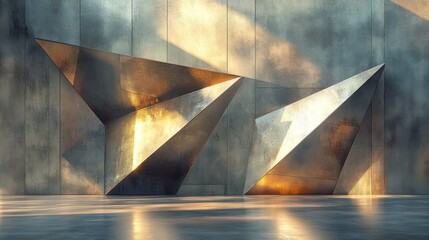 Two large triangular structures create an intriguing visual effect as they reflect sunlight in a contemporary architectural environment during sunset.