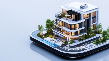 Poster - Contemporary Miniature Architectural Model Showcasing Modern Design Elements with Pool and Landscaping Features