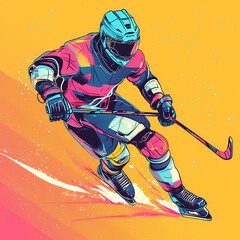 A hockey player displaying futuristic technology in a dynamic action, blending sports and advanced cybernetic elements pop art sticker vector.