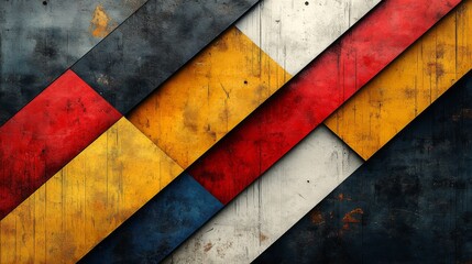 Fototapete - Vibrant abstract artwork featuring diagonally arranged stripes in red, yellow, black, white, and blue against a textured background creates an engaging visual experience.