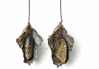 Butterfly chrysalis transformation, nature, metamorphosis process The image shows two cocoons hanging from a branch, revealing different stages of a butterfly s development against a plain white bac