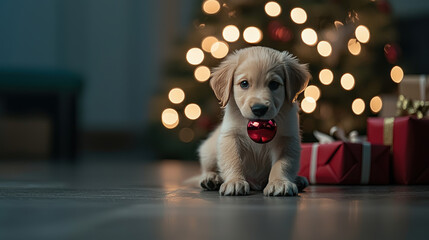 Wall Mural - Adorable Golden Retriever Puppy with Christmas Ornament Among Presents and Festive Lights Perfect for Holiday Marketing and Greeting Cards