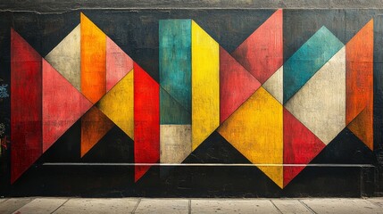 Poster - A vibrant mural adorns the wall, showcasing an array of colorful geometric shapes in red, yellow, and blue. The artwork enhances the urban landscape, drawing attention from passersby.