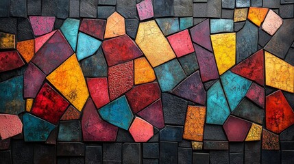 Poster - The artwork features an array of colorful geometric shapes arranged in a mosaic style, with rich hues of red, blue, yellow, and black blending together artistically.