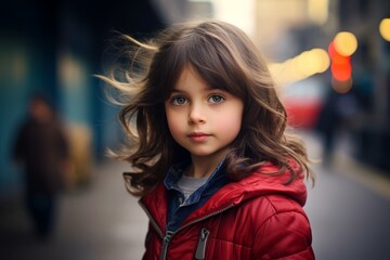 Portrait of a beautiful little girl in a red jacket on the street