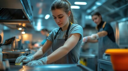 Restaurant staff cleaning up after closing, wiping down surfaces and organizing kitchen, focus on hygiene