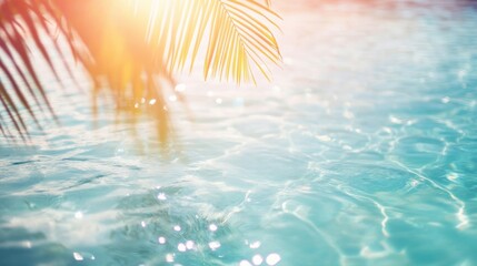 Poster - Bright sunlight dances on the surface of clear pool water while palm leaves provide shade, creating a relaxing tropical atmosphere